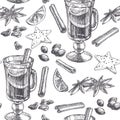 Vector vintage seamless pattern with mulled wine and spices in engraving style. Hand drawn texture with drink, cinnamon, cardamom